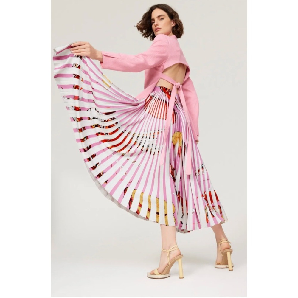 Thebe Magugu Pink Plisse Maxi Skirt‎ Pleated Fish & Chips Print A-Line Sz S